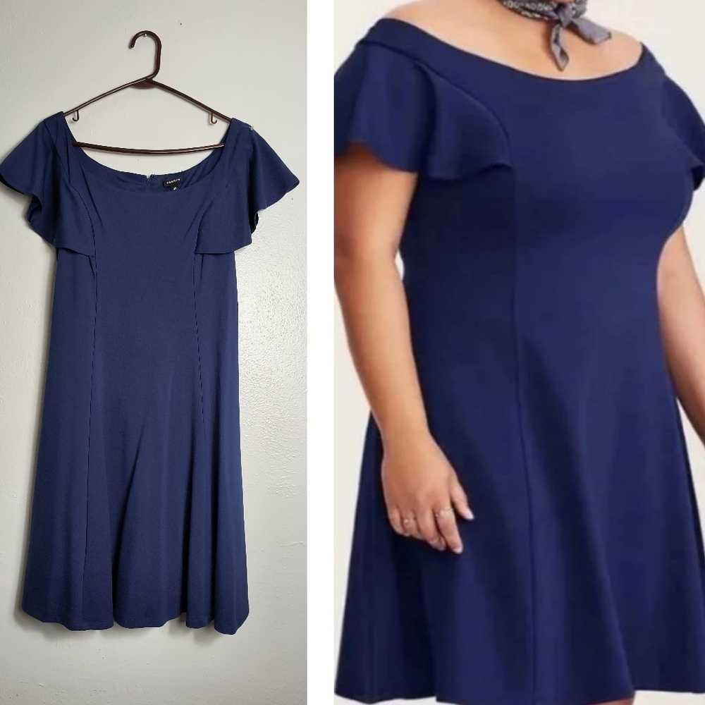 Torrid Blue Midi Dress with Flattering Fit Off The Shoulder Size 00-10-M/L